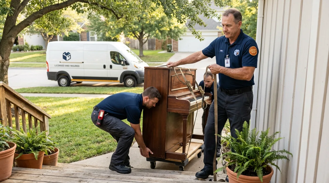 Licensed piano movers securing grand piano in Rustburg, VA