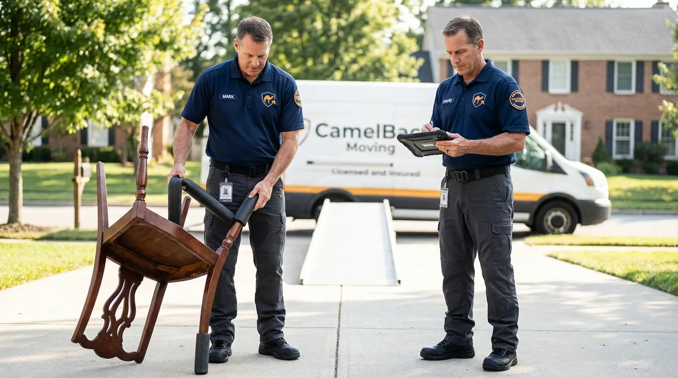 Movers inspecting furniture for damage prevention before loading in Rustburg, VA