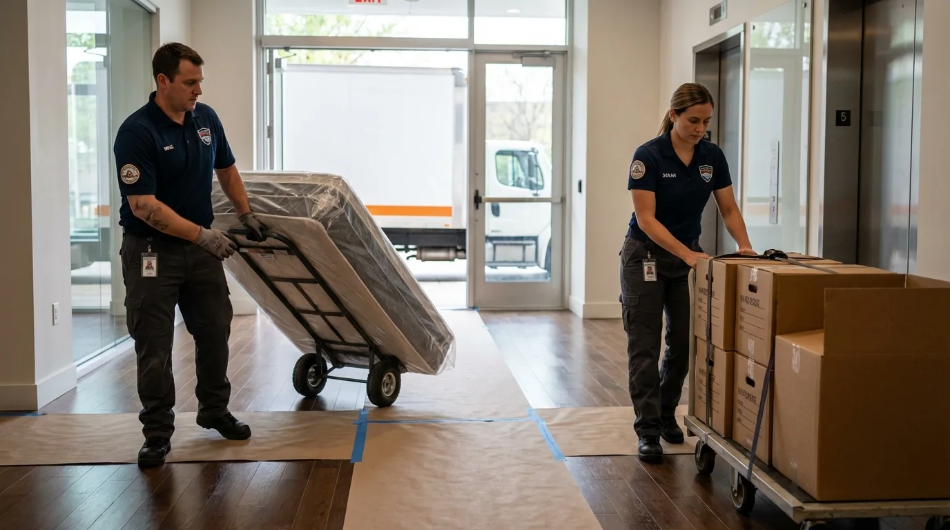 Professional apartment movers loading elevator in Rustburg, VA